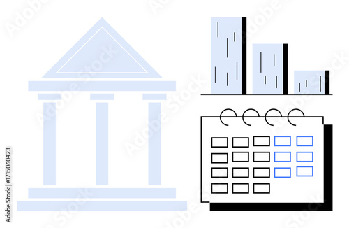 Bank building, ascending bar chart, and calendar combine to represent financial strategy, economic growth, scheduling, data analysis, decision-making, goal setting, and business organization in