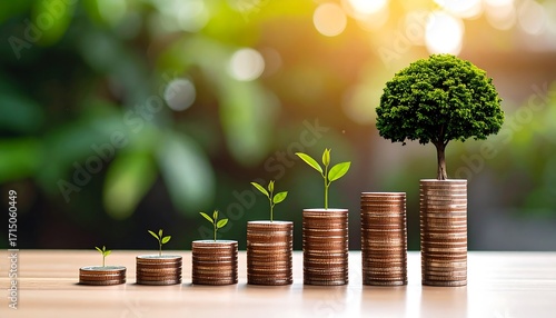 Coins with growing trees, representing investment growth