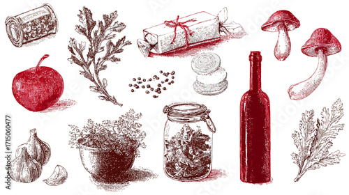 Assortment of food items for preserving.
