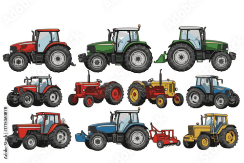 Tractor vector set collection clipart design featuring different tractor styles and farming equipment. Perfect for agriculture themes, farm-related projects, educational materials, and rural lifestyle