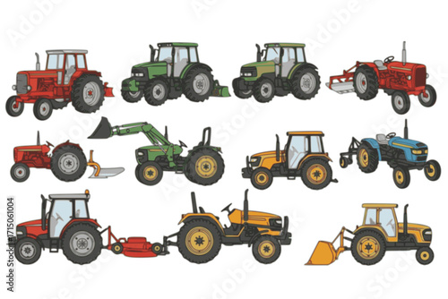 Tractor vector set collection clipart design featuring different tractor styles and farming equipment. Perfect for agriculture themes, farm-related projects, educational materials, and rural lifestyle