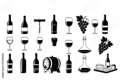Wine vector set collection clipart design featuring wine bottles, glasses, grapes, corkscrews, and wine barrels. Ideal for restaurant menus, wine labels, event invitations, and beverage-related design