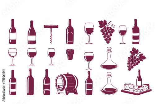Wine vector set collection clipart design featuring wine bottles, glasses, grapes, corkscrews, and wine barrels. Ideal for restaurant menus, wine labels, event invitations, and beverage-related design