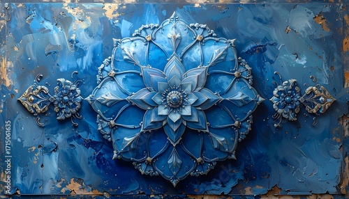 A captivating, intricate mandala design in shades of deep blue, accented by metallic gold details, set against a textured, distressed background.