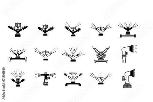 Sprinkler vector set collection clipart design featuring various sprinkler types and water spray patterns. Perfect for gardening, irrigation, landscaping, and agricultural-themed projects and illustra
