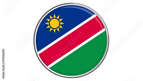 A circular, glossy representation of the Namibian flag, featuring vibrant blue, red, and green hues, is presented against a plain white backdrop. Free Download A circular, glossy representation of the Namibian flag, featuring vibrant blue, red, and green hues, is presented against a plain white backdrop. - GFXLoad