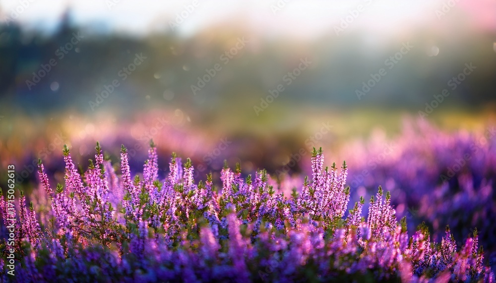 Obraz premium Abstract Summer Nature Scene With Blurred Heather Flowers In Meadow Featuring Copy Space And Beautiful Purple Floral Elements Vivid And Serene