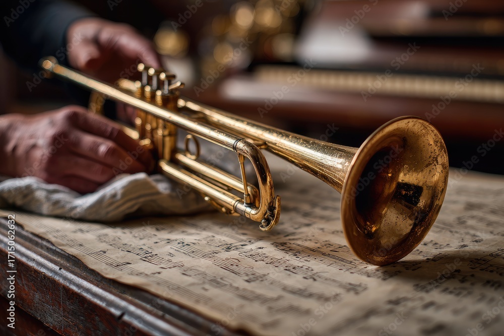 Obraz premium Trumpet resting on sheet music with a musician's hand preparing to play in a warm, inviting room
