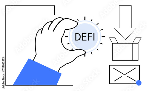 Hand holding a coin labeled DeFi with an arrow pointing to a box and an envelope icon. Ideal for cryptocurrency, blockchain, decentralized finance, innovation, fintech, technology, online
