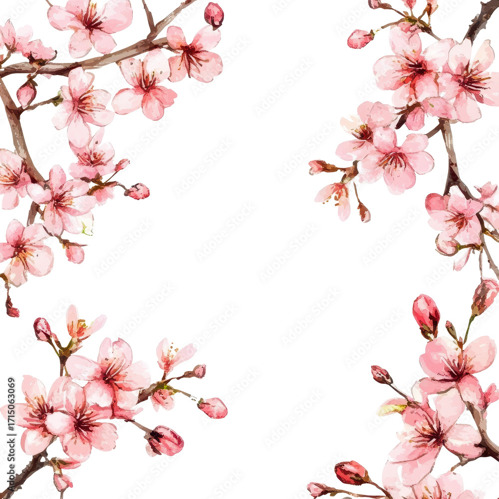 Naklejka premium Sakura watercolor border, Delicate Sakura Watercolor Border: Hand-Painted Cherry Blossoms for Elegant Spring-Themed Designs, isolated on transparent background