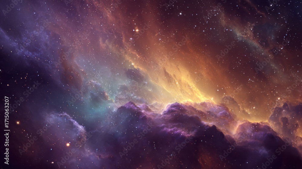 Fototapeta premium A breathtaking view of the universe showcases vibrant nebulas surrounded by twinkling stars against a dark backdrop. This cosmic display reveals the beauty of deep space.