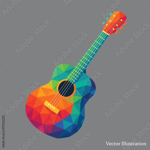 polygonal style acoustic guitar vector illustration in vibrant rainbow colors, ideal for music posters, concert flyers, creative branding, and decorative artwork.