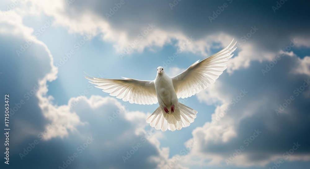 Fototapeta premium Soaring Spirit: A pristine white dove gracefully glides through a heavenly expanse of sunlit clouds, wings outstretched, symbolizing peace and freedom in a timeless moment of serenity.