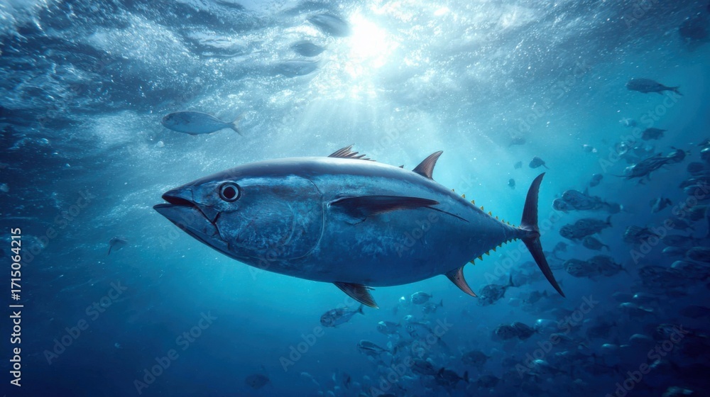 Fototapeta premium A breathtaking underwater view showcases a large tuna gliding through clear blue waters, surrounded by smaller fish under sunlight filtering from above.