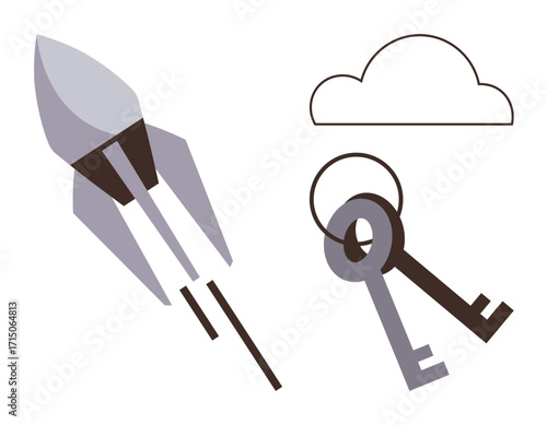 Rocket launching with speed trails beside two keys and a cloud outline, symbolizing technology, innovation, cybersecurity, success, cloud storage, and progress. Ideal for technology, cloud computing