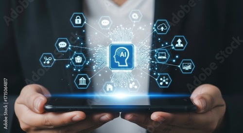 Wallpaper Mural Person holding a modern device, displaying glowing artificial intelligence brain, global digital data flow, and smart technology future system. Torontodigital.ca