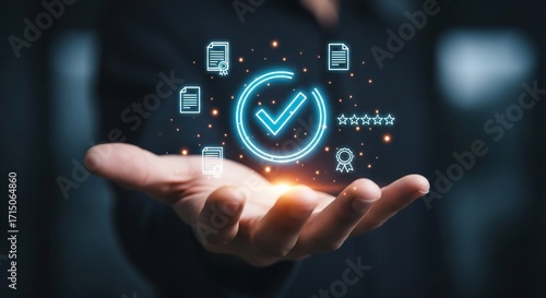 Achieve excellence with verified compliance and top ratings visualized on an open hand