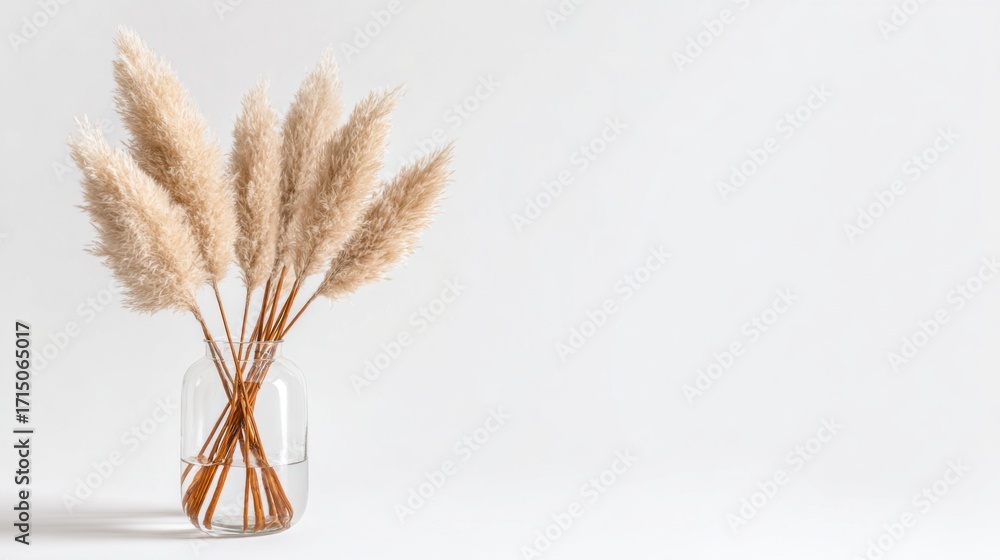 Fototapeta premium A stylish arrangement of dried pampas grass stands upright in a clear glass vase filled with water, set against a light neutral background, showcasing natural beauty and elegance.