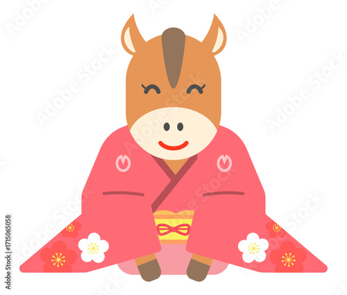 お正月、午年に新年の挨拶をする着物姿のウマのイラスト（午年、馬）