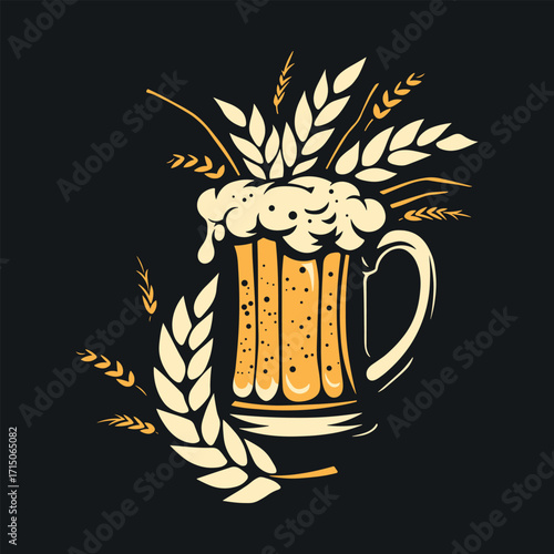 Beer in a glass and ears of wheat, refreshing drink. International Beer Day. Emblem brewery design. Vector flat illustration isolated on black background.