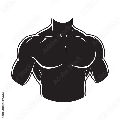 Male torso, chest, black silhouette on a transparent background, vector drawing for stencil