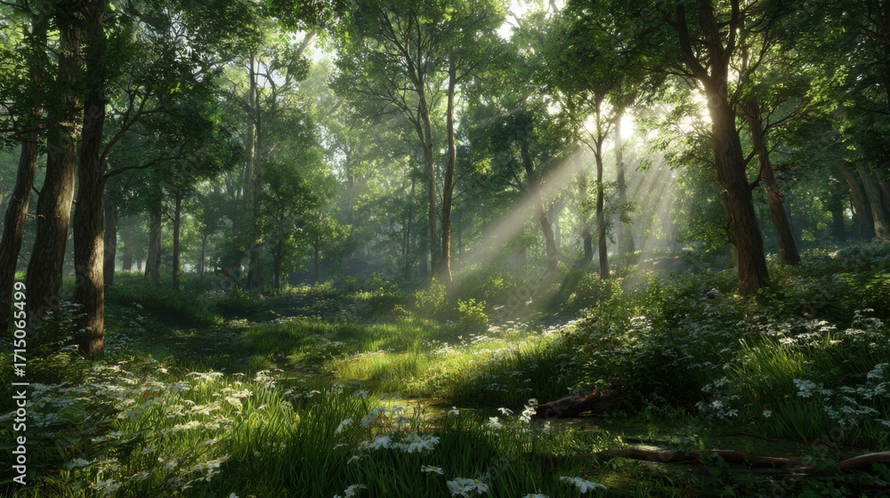 Fototapeta premium Morning sunlight streams down through the trees, illuminating a tranquil forest filled with vibrant greenery and wildflowers, creating a peaceful atmosphere.