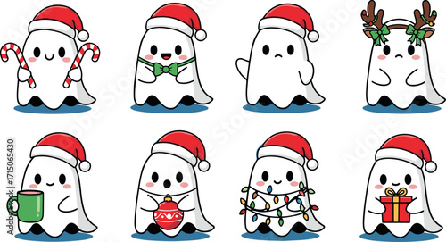 Cartoon Christmas Ghosts in Santa Hats with Holiday Accessories, Cute Festive Spirits Holding Gifts, Candy Canes, Lights, and Decorations