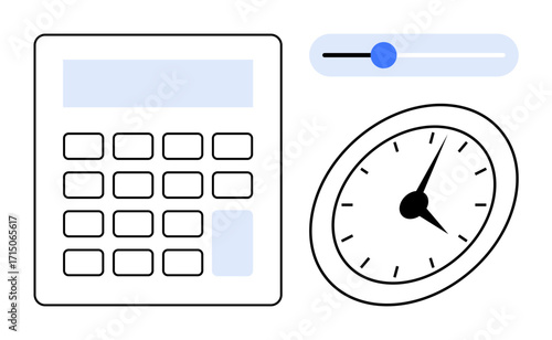 Calculator, analog clock, and slider for time tracking, calculations, task optimization, personalization, and productivity. Ideal for finance, time budgeting planning organization control simple