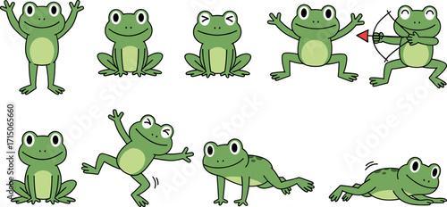 Cartoon frogs in playful poses, archery action, jumping, sitting, crawling, expressive characters for storytelling, kids content, mascot design, humor