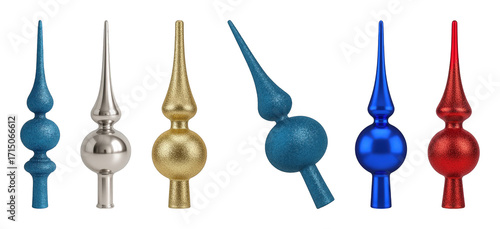 Christmas tree topper set including blue, silver, gold, and red finials with glitter and glossy finishes isolated. Holiday decorations and festive themes.