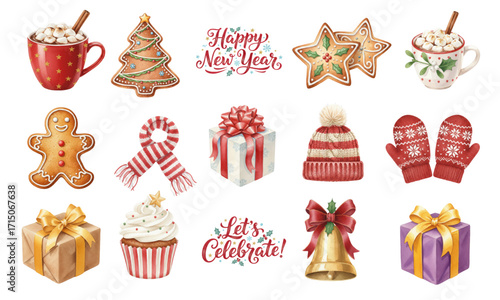 Watercolor Christmas New Year Holiday Elements