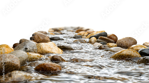 Rocky stream bed with clear water isolated on white background