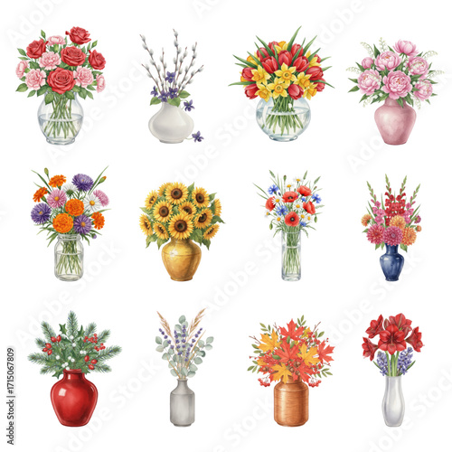 Watercolor Seasonal Flower Bouquets in Vases