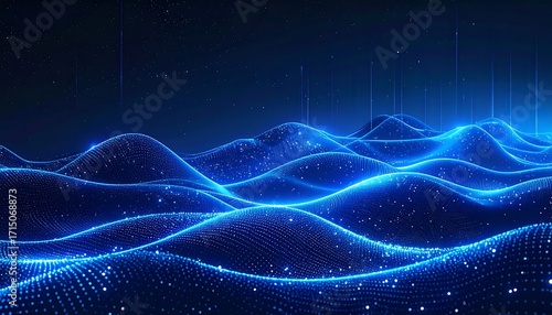 Wallpaper Mural A digitally rendered landscape of luminous, blue, undulating hills, dotted with glowing points of light against a dark background. Torontodigital.ca
