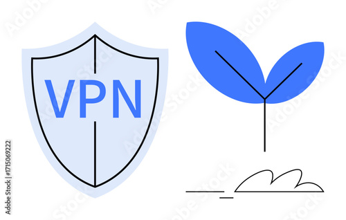 Shield with VPN text symbolizing online protection alongside a stylized plant for growth and resilience. Ideal for cybersecurity, technology, nature, renewal, sustainability, safety, reliability