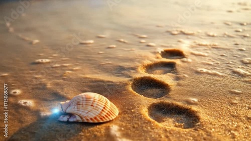 Seashells and Footprints: Golden Hour at the Beach with Gentle Waves