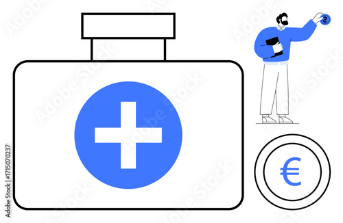 Medical kit with cross symbol, euro coin representing healthcare costs, professional holding documents. Ideal for medicine, insurance, financial aid, health economy, investment, crisis support