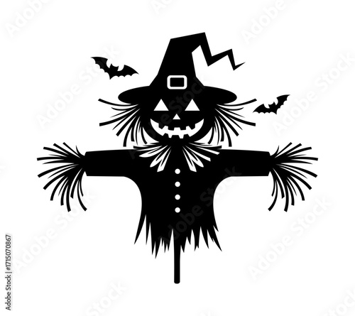 Black and white Halloween scarecrow with bat silhouettes against a transparent background