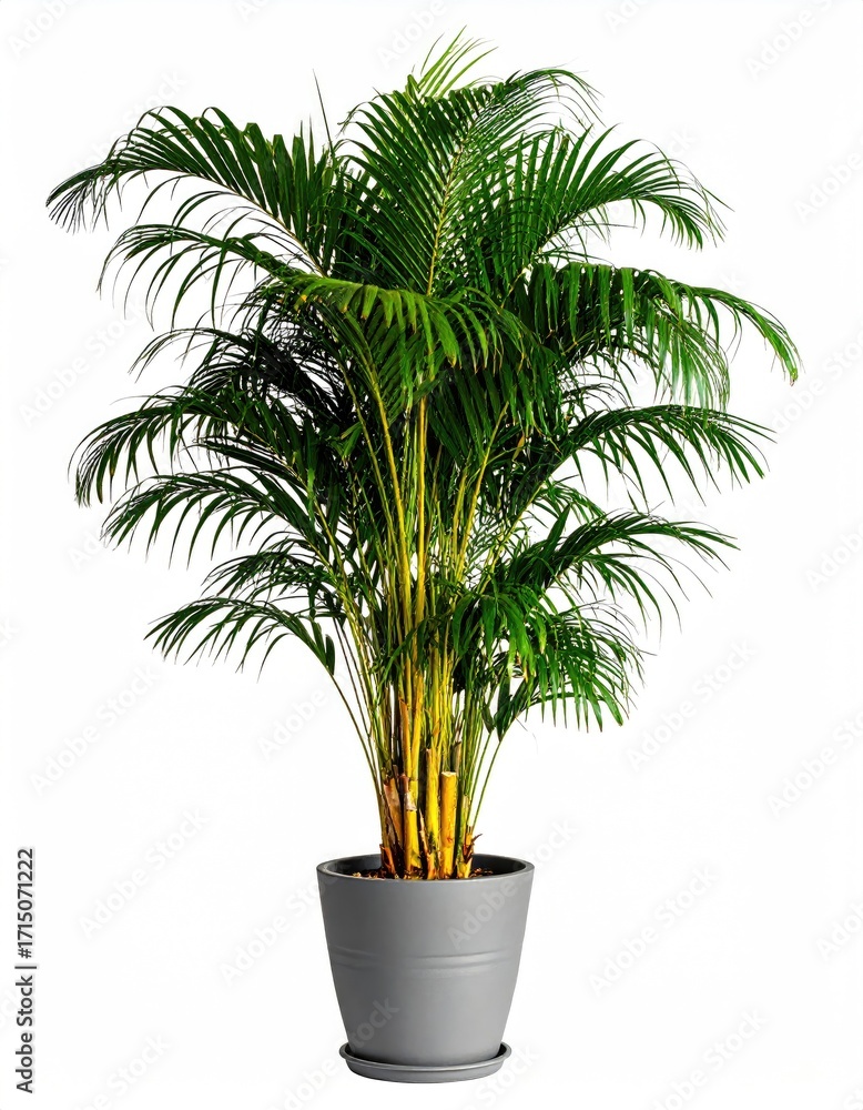 Obraz premium A lush, green potted palm tree with slender, yellow-tinged stems, vibrant fronds, and a grey container, isolated on a white background