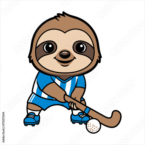 Cute sloth cartoon playing field hockey in sports uniform vector illustration