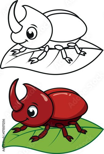 escarabajo rinoceronte ilustracion infantil estilo cartoon, a color y en blanco y negro.