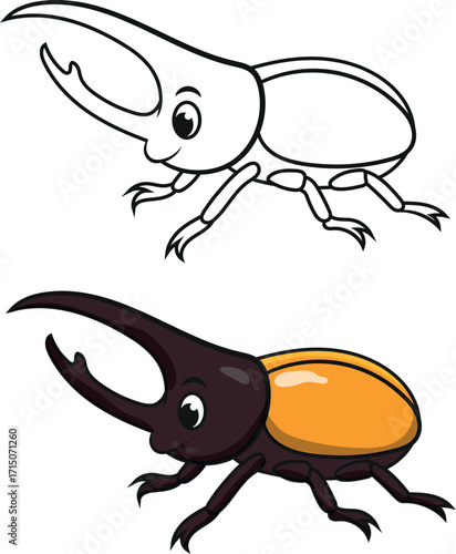 escarabajo ilustracion infantil estilo cartoon, a color y en blanco y negro.