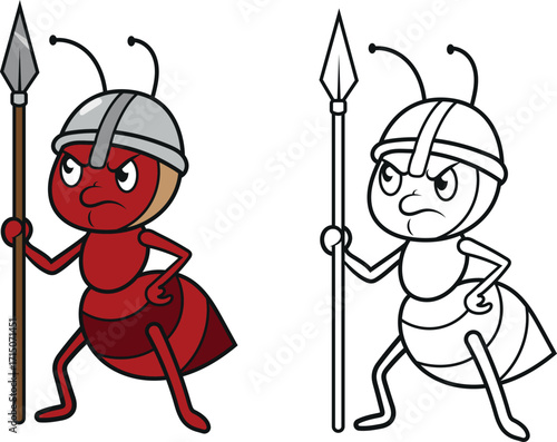 Fierce ant warrior guarding territory with spear, cartoon defender ready for battle, insect soldier protecting colony, fun and creative design for children's books and educational resources