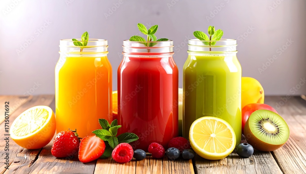Fototapeta premium Three Mason Jars of Colorful Fruit Smoothies with Fresh Fruit Garnish