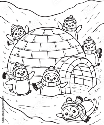 Adorable Penguins Around Igloo Winter Scene Coloring Page