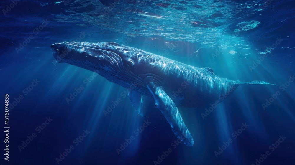 Fototapeta premium A humpback whale glides through clear ocean waters, sunlight filtering down to create an ethereal atmosphere. The whale showcases its strength and beauty in its natural habitat.