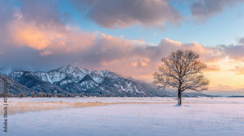 Fototapeta premium A solitary tree stands in a vast snowy field as the sun sets behind majestic mountains. The sky is painted with shades of pink and orange, creating a serene winter atmosphere.