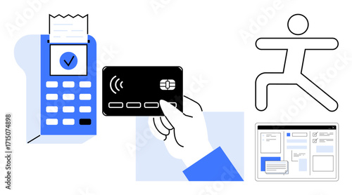 Payment terminal, card in hand, fitness figure, and web interface design in minimal style. Ideal for technology, e-commerce, contactless transaction, fitness, health online management digital