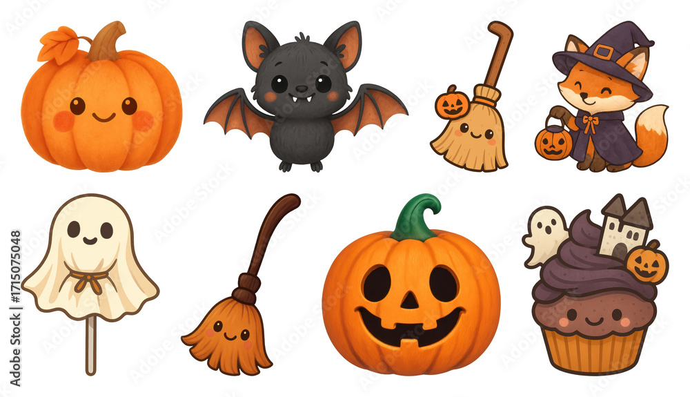Naklejka premium PNG Cute Halloween cartoon characters collection, element set on transparent background