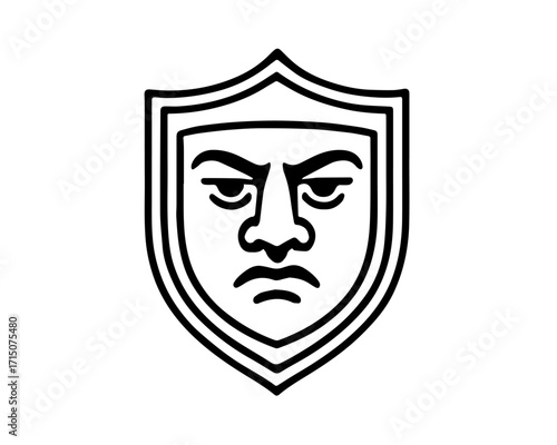 Minimalist Shielded Face Icon with Stern Expression – Symbol of Strength and Vigilance